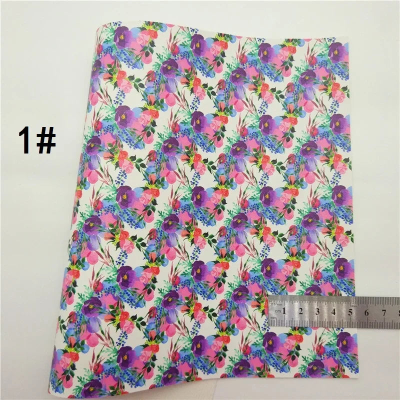 Spring Rose Flowers Printed Synthetic Leather Faux Fabric Sheets Felt Backing Vinyl For Earrings bag Bows DIY GM2381B
