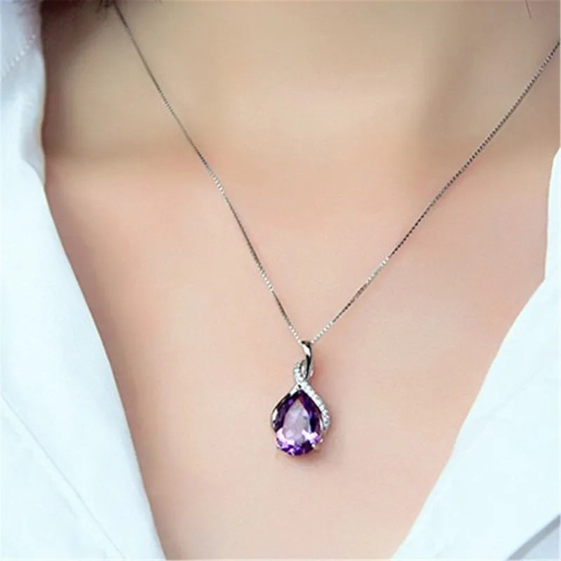 Buyee 925 Sterling Silver Female Stone Pendant Chain Natural Amethyst & Aquamarine Necklace for Women Fashion Fine Jewelry Chain