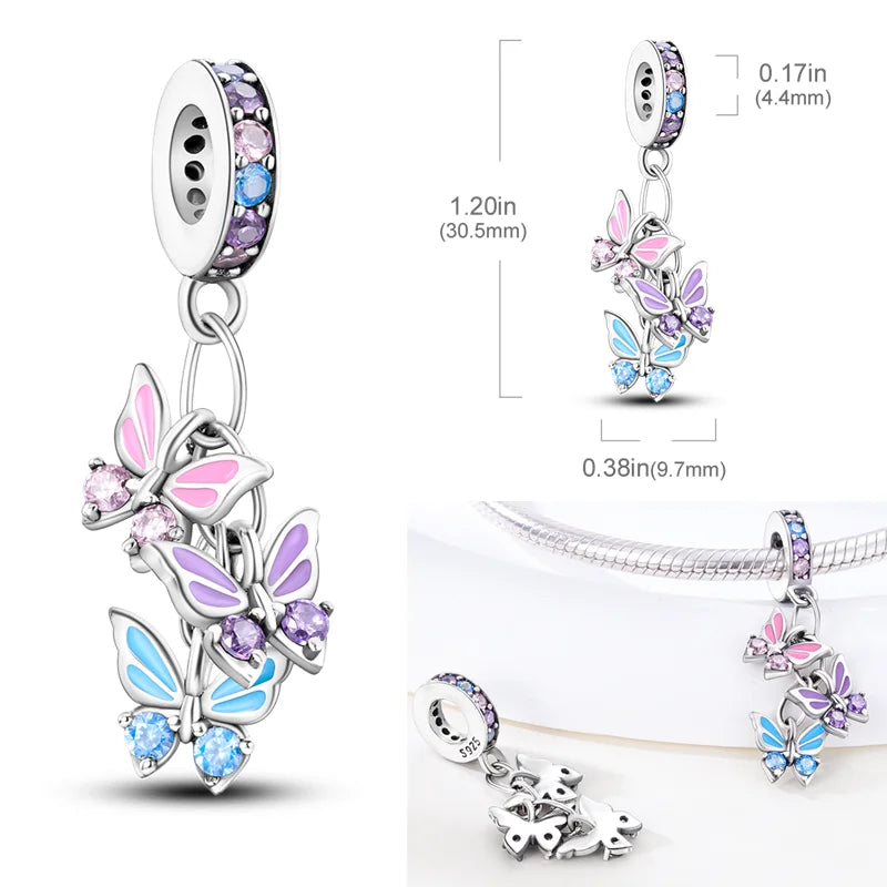 2025 Hot Sale Charms Bead 925 Sterling Silver Pink Butterfly Luminous Firefly Dangle Fit Bangle Bracelet Necklace DIY Jewelry