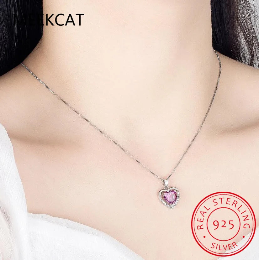 925 Sterling Silver Love Heart Pendant Necklace, Blue Clear Crystal Necklaces for Women Silver Fine Jewelry Gift BSN252