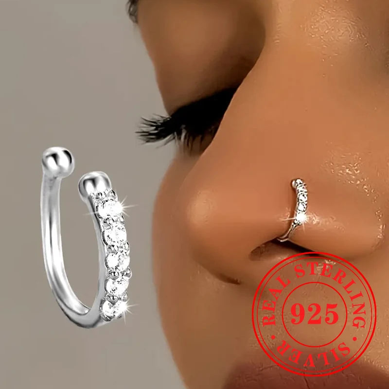 Huitan Exquisite Ultra-Sparkle CZ Pierced Nose Rings 925 Sterling Silver Hypoallergenic Jewelry Personality Anniversary Jewelry