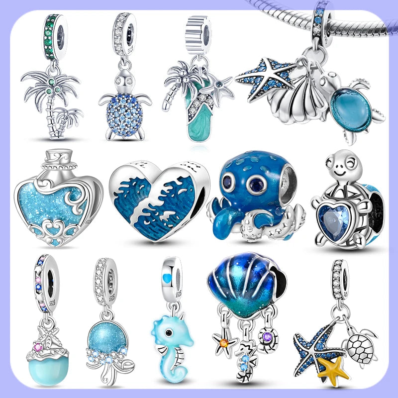 New Silver Plated Charms Beads Turtle Starfish Shell Sea Blue Summer Beads Fit Original Charms DIY Woman Jewelry Gift
