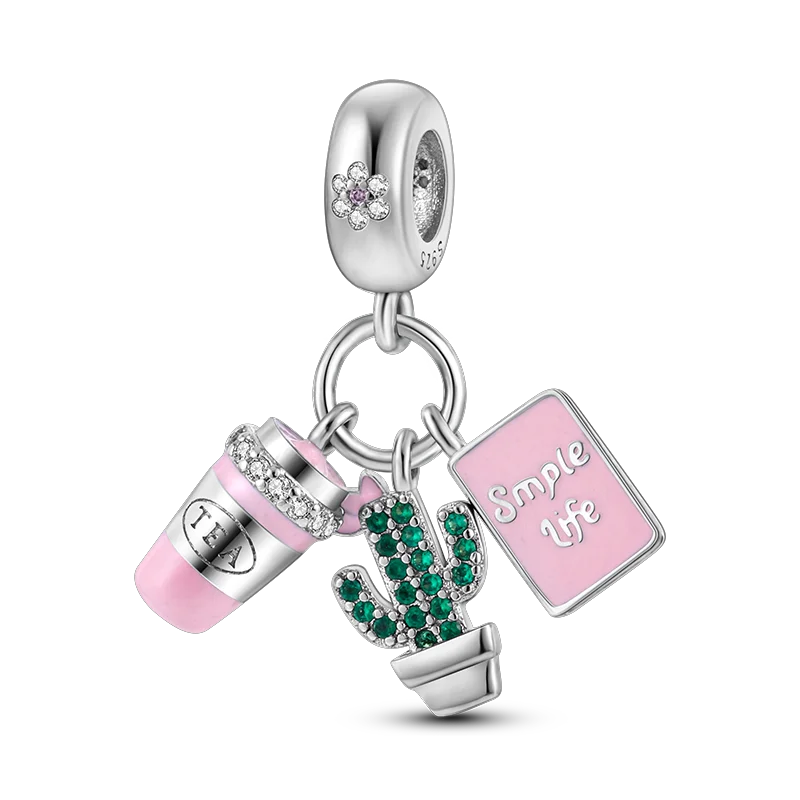 New 925 Sterling Silver Cactus Four Leaf Clover Charm Spring Green Series Bead Pendant For Original Beads Bracelet DIY Jewelry