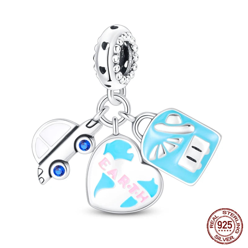 100% 925 Sterling Silver Hot Air Balloon Suitcase Graduation Travel Series Charm Beads Fit Qikaola Original Bracelet DIY Jewelry