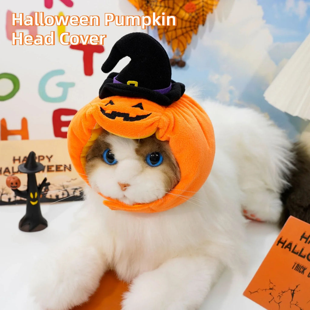 Halloween Cat Cap Pumpkin Plush Head Cover Cute Cat Dog Woven Warm Headdress Pet Hat Kitten Puppy Cosplay Costume Accessories