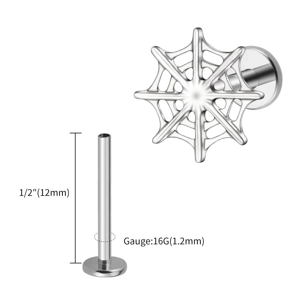 Right Grand ASTM F136 Titanium 16G Spider Web Stud Earring Cartilage Tragus Helix Conch Ear Lobe Flat Piercing Halloween Jewelry