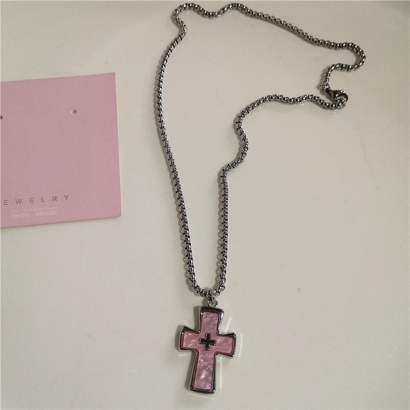 Gothic Y2K Pink Cross Heart Pendant Chain Choker Necklace For Women Egirl Hip Hop Punk Charms Aesthetic Jewelry EMO Accessories