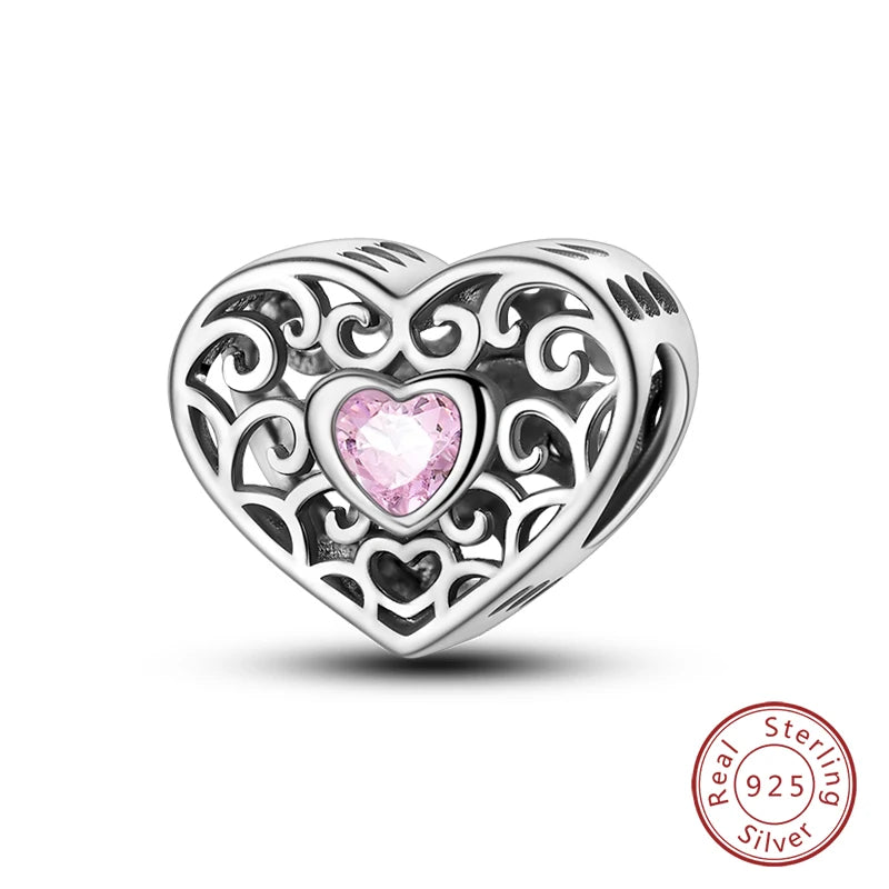 Real 925 Sterling Silver Pink Series Heart Charms Beads Fit Qikaola 925 Original Bracelets DIY Mother's Day Jewelry Gift For Mom