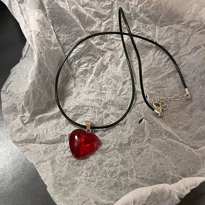 Y2k Love Heart Necklace for Women Fashion Hip Hop Red Hearts Pink Pendants Necklaces Rope Chain Girls Rave Gift Gothic Jewelry