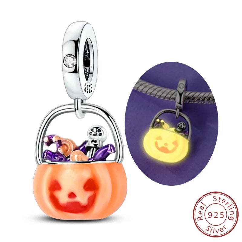 Halloween Charm Bead Pendant 925 Sterling Silver Pumpkin Witch Doll Skeleton Mummy Candy Charm Fit Original Bracelet DIY Jewelry