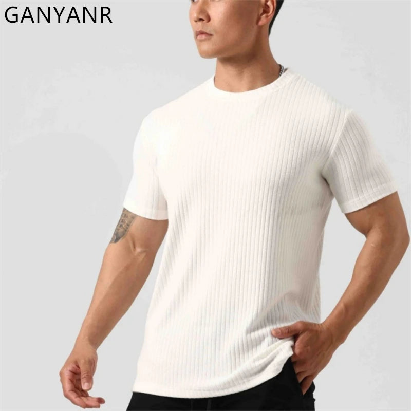 GANYANR Gym Clothing Men Running T-shirt Summer Golf Wear Active Fitness Short Sleeve Sports Bodybuilding Training Yoga Cool Tee