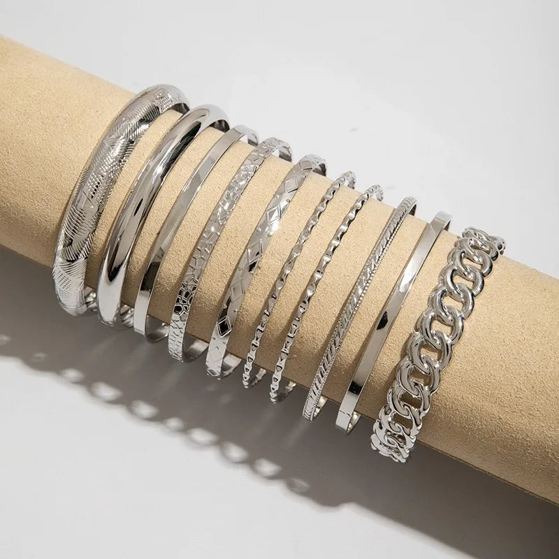 KMVEXO 10pcs/set Punk Multilayer Bracelets for Female Elegant Delicate Twist Sparkling Adjustable Bangles Jewelry Couples Gifts