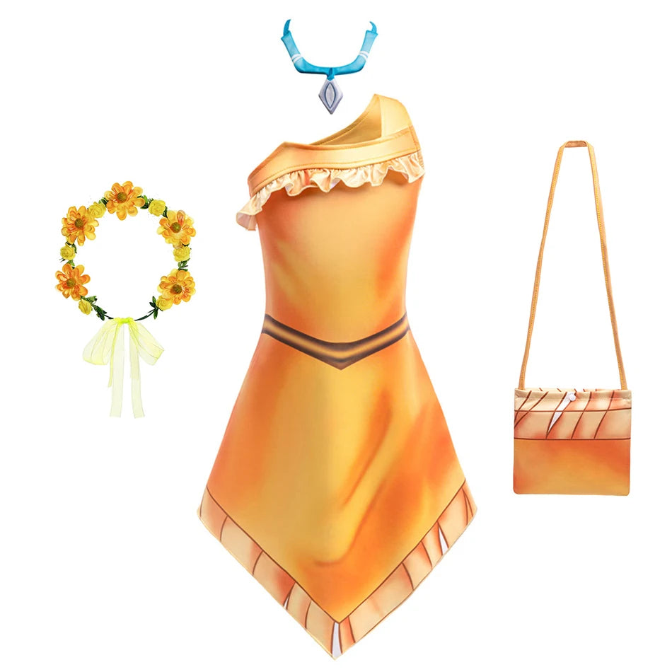 Girls Cosplay Princess Dress With Necklace Beach Indian Costume Kids Birthday Halloween Role Playing Matoaka Suspender Vestidos