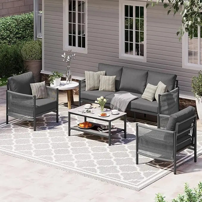 Aluminum Outdoor Patio Furniture Set, HDPE Rope 4 Piece Modern Sectional Conversation Sets with Dual-Layer Coffee Table