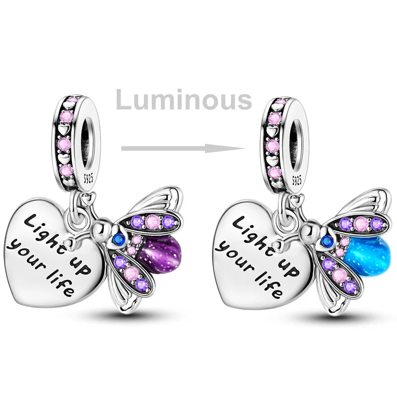 2025 Hot Sale Charms Bead 925 Sterling Silver Pink Butterfly Luminous Firefly Dangle Fit Bangle Bracelet Necklace DIY Jewelry
