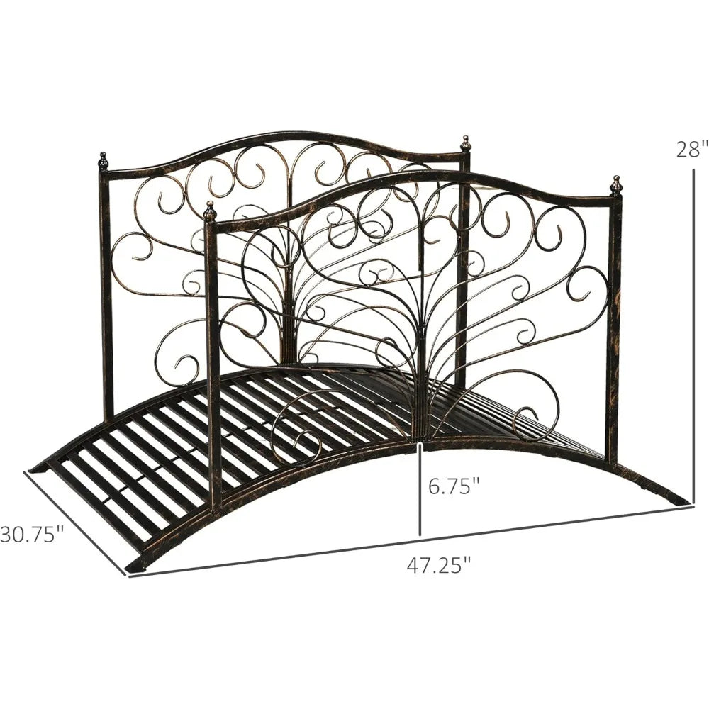 4FT Metal Garden Bridge with Side Rails, Outdoor Arch Footbridge with Scrollwork, 440 lbs Capacity, Easy Assembly for Yard, Lawn