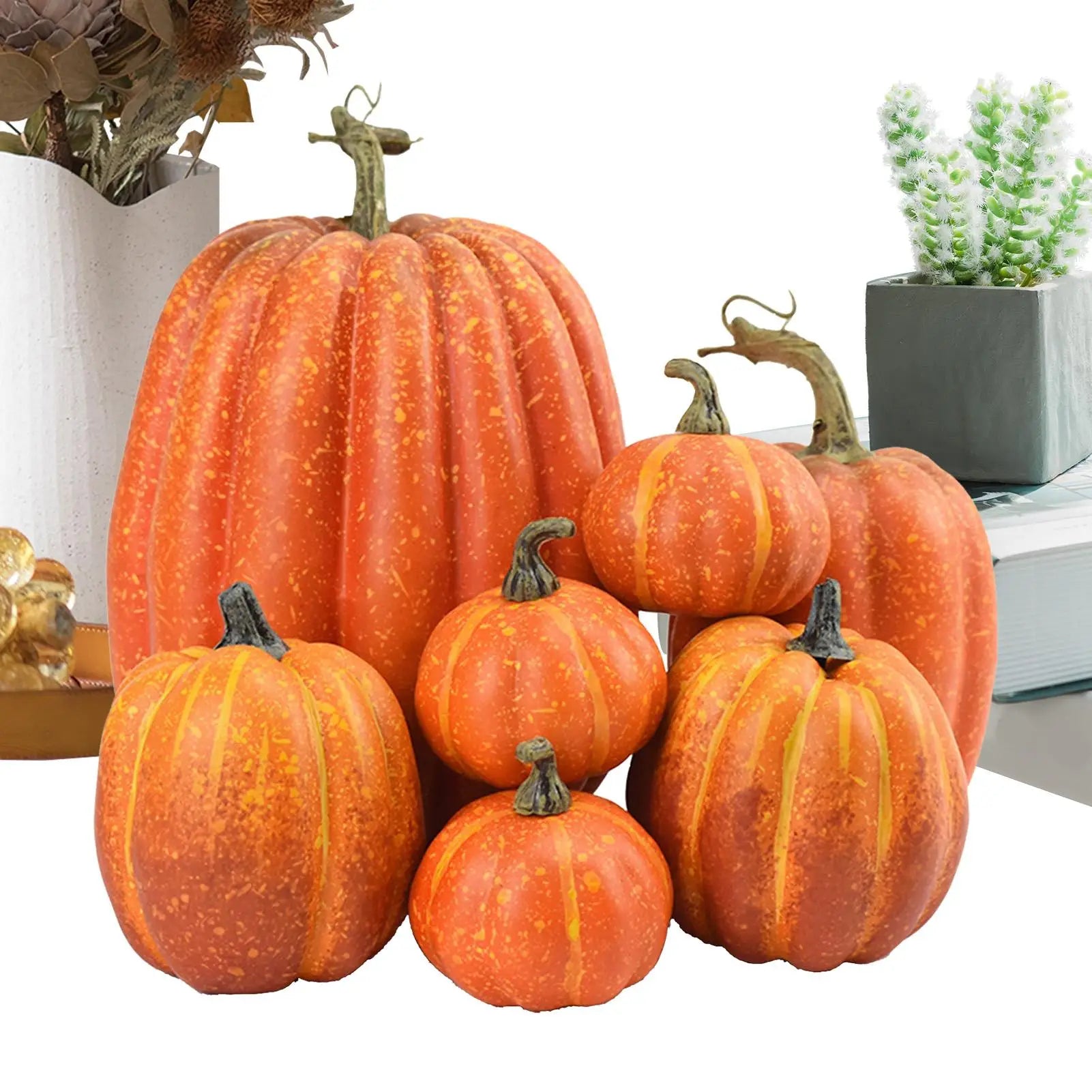 7pcs Artificial Pumpkins Faux Artificial Pumpkins  Fake Simulation Pumpkins Halloween Thanksgiving Party Props Home Decoration