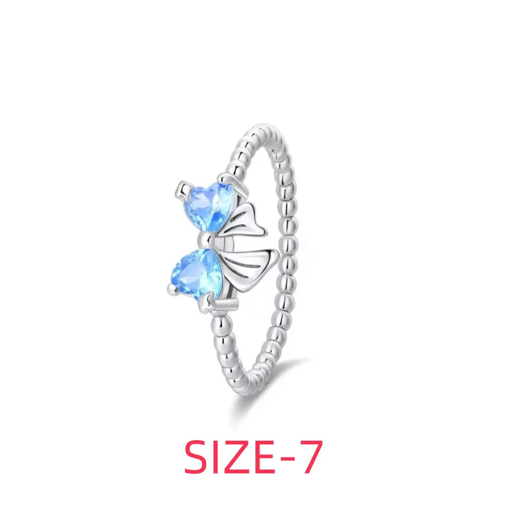 Original 925 Sterling Silver Colorful Bow Set Necklace Ring Earring Crystal For Women Valentine's Birthday Gift DIY Jewellery