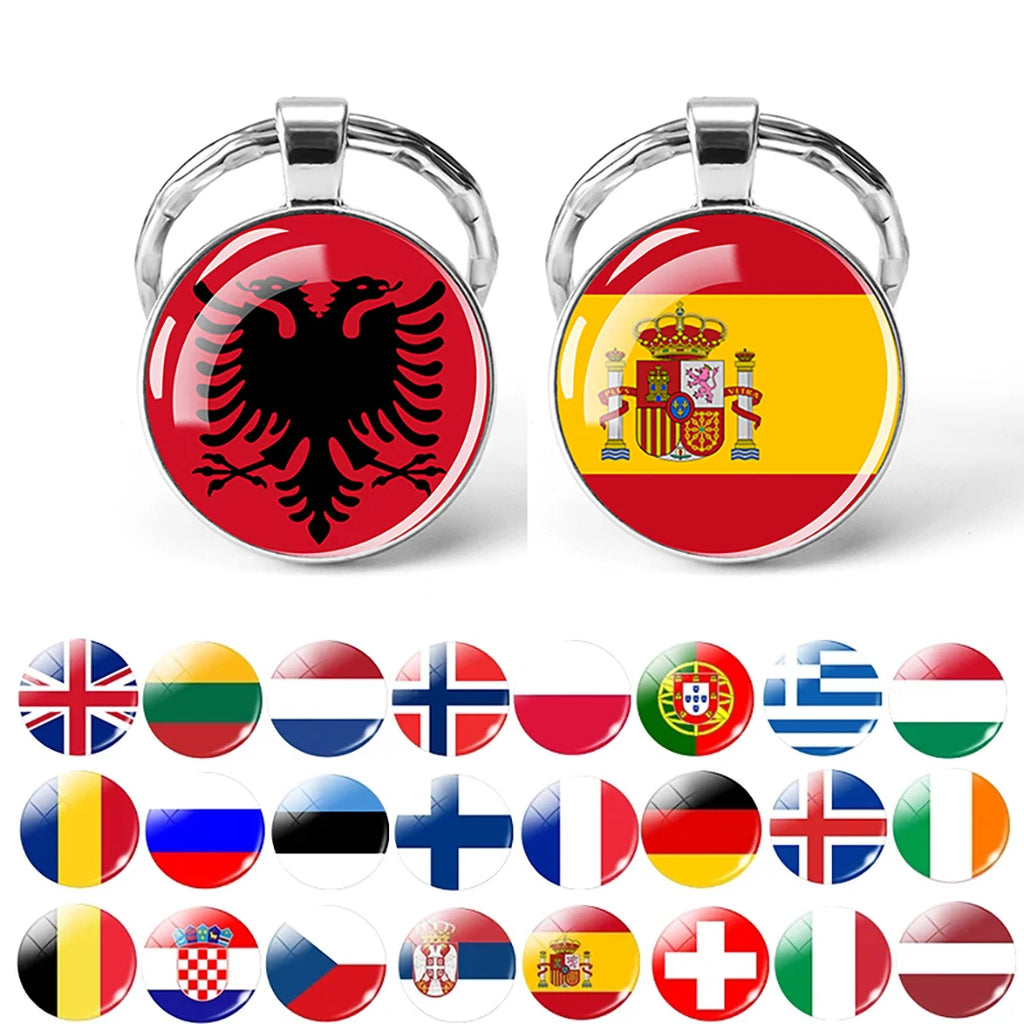 Europe National Flag Keychain Albania Spain Italy France UK Flag Glass Metal Key Chain Bag Pendant Gift for Patriot