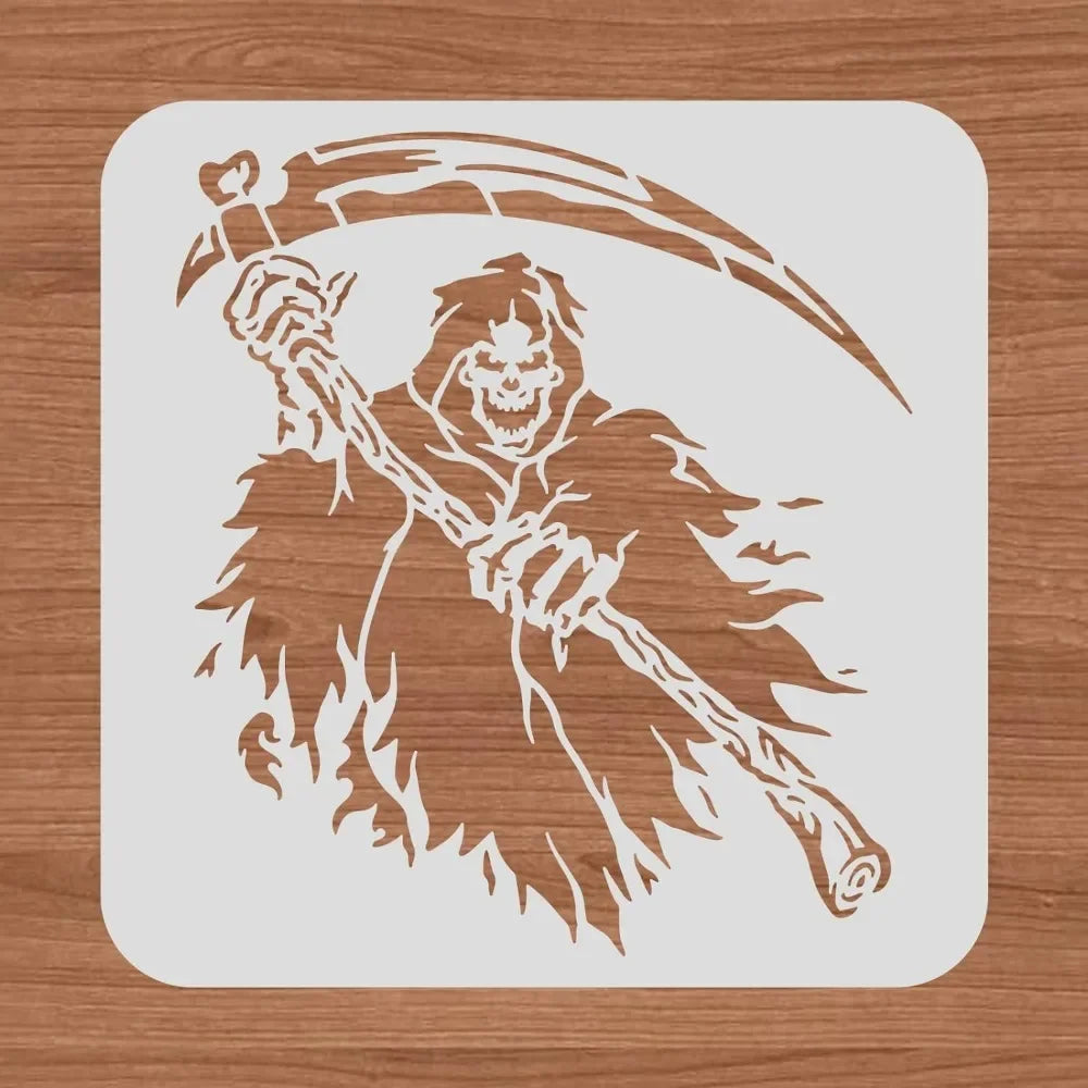 12x12inch Halloween Decoration Stencils, Grim Reaper Skeleton Scythe Pattern Cutout Template for Art Spraying, DIY Mould Decor