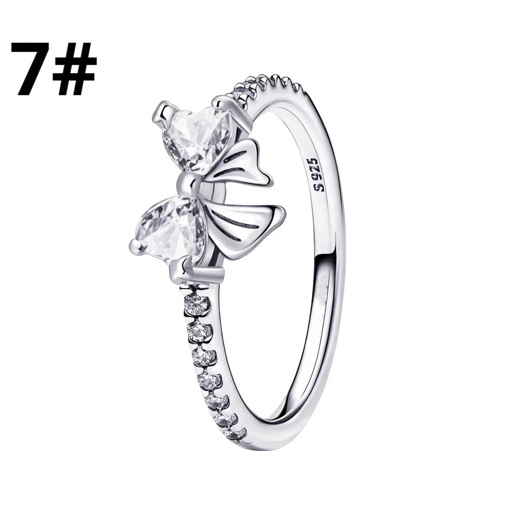 New 925 Silver Zircon Shining Ring Colorful Bow Tie Set Ring Earrings Bracelet Necklace Original For Women DIY Fine Jewelry Gift