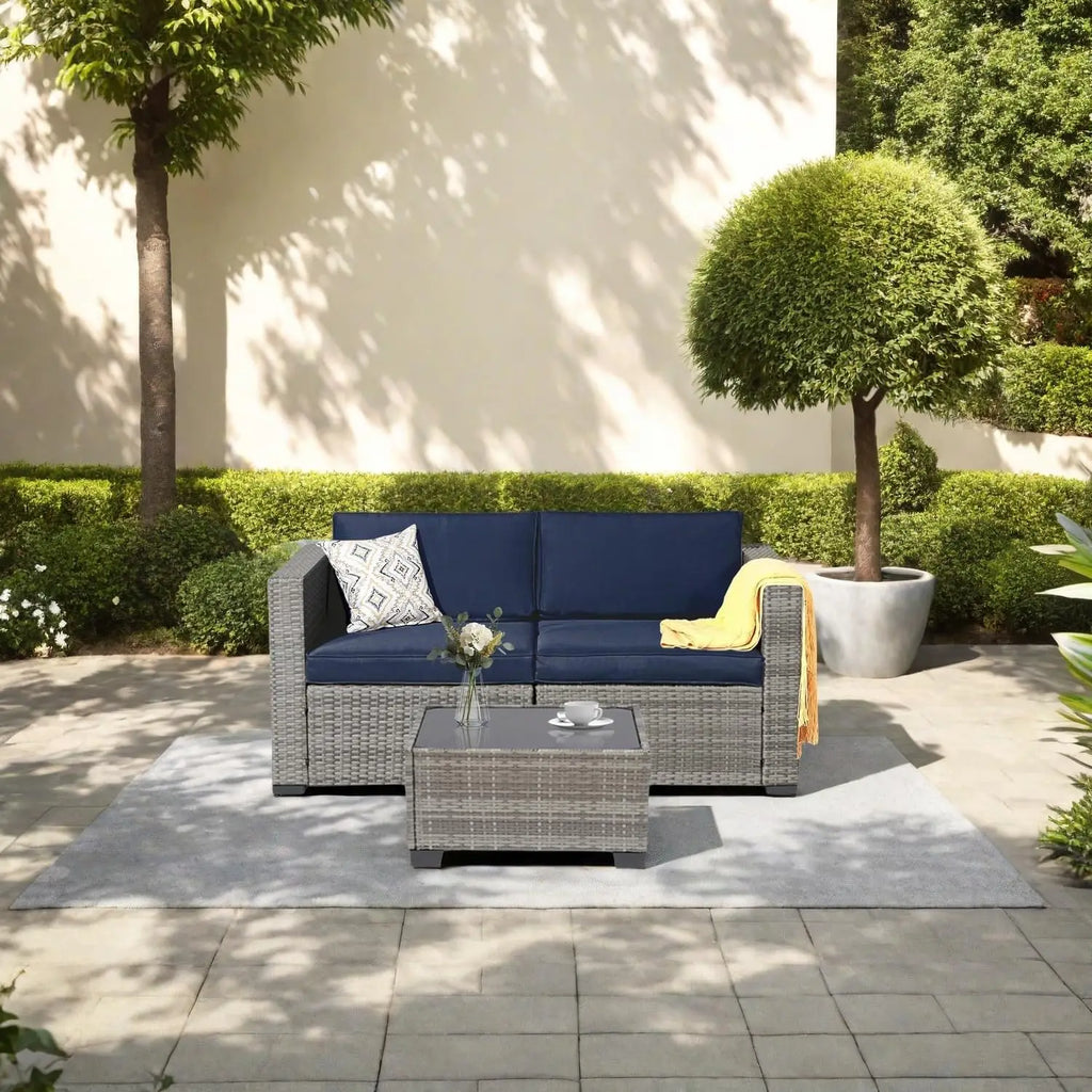7-Piece Outdoor Rattan Sectional Sofa Set, Gray Wicker Patio Furniture Sets with Navy Blue Cushions for Balcony, Porch