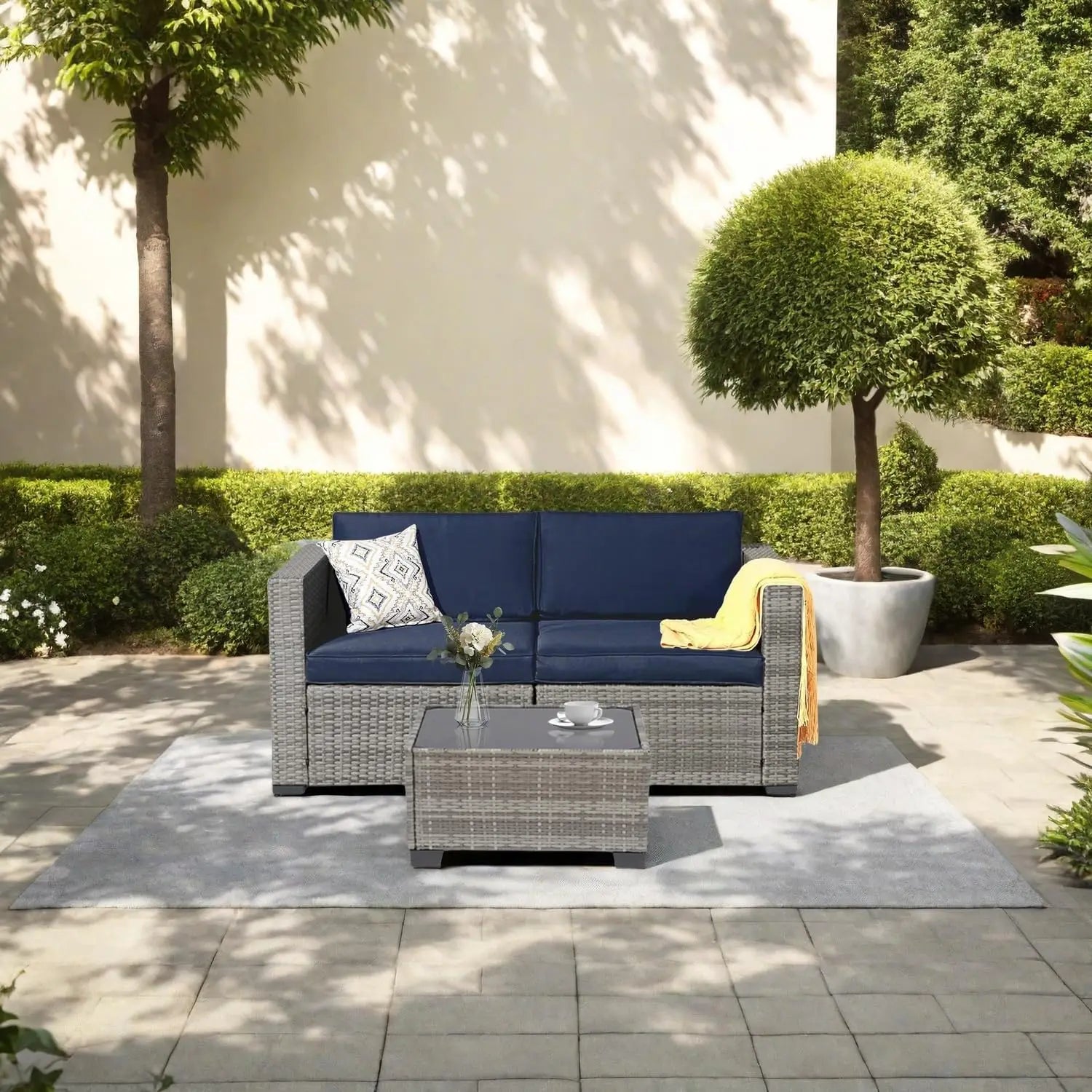 7-Piece Outdoor Rattan Sectional Sofa Set, Gray Wicker Patio Furniture Sets with Navy Blue Cushions for Balcony, Porch