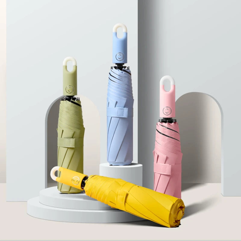 Automatic locking umbrella, creative loop buckle, simple Japanese black rubber sun protection hook type three fold umbrella