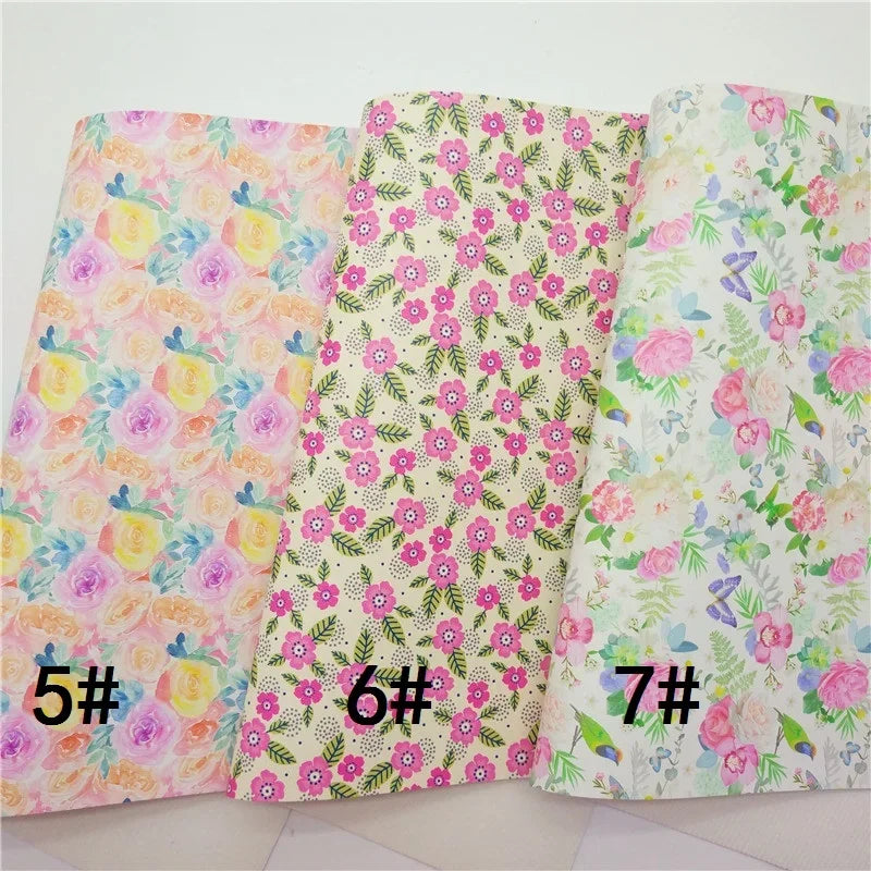 Spring Rose Flowers Printed Synthetic Leather Faux Fabric Sheets Felt Backing Vinyl For Earrings bag Bows DIY GM2381B