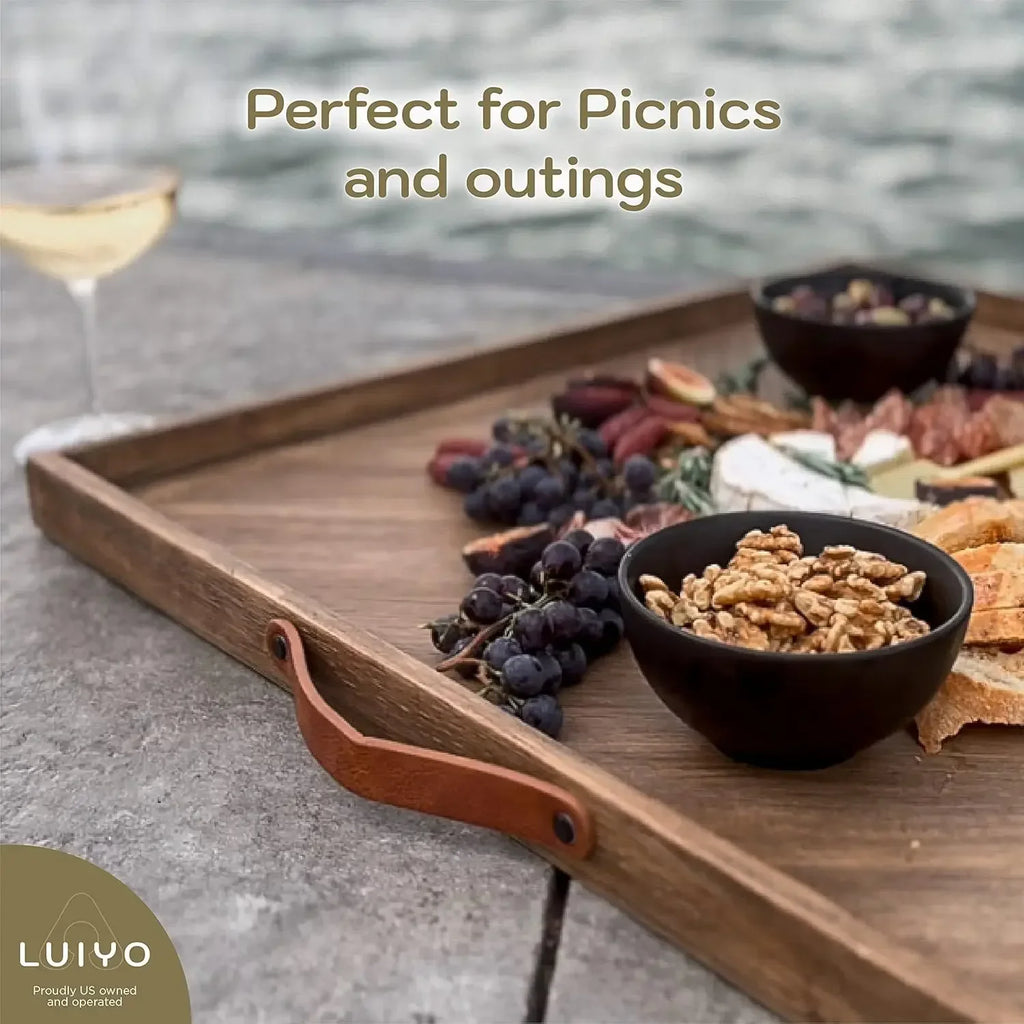 Large Ottoman Wood Tray- with Leather Handle Decorative Wooden 24 x 24 x1.5 Inches Square Serving