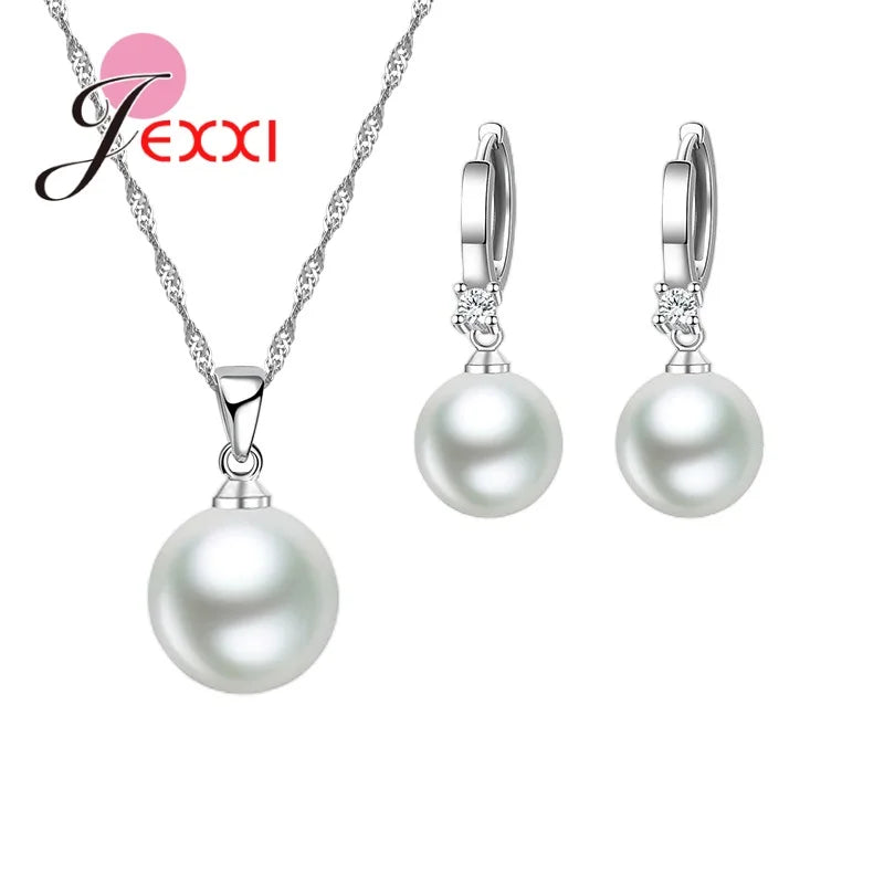 925 Sterling Silver Jewelry Set Earring Necklace Exquisite Polished Pearls Ornaments for Woman Wedding Accessories