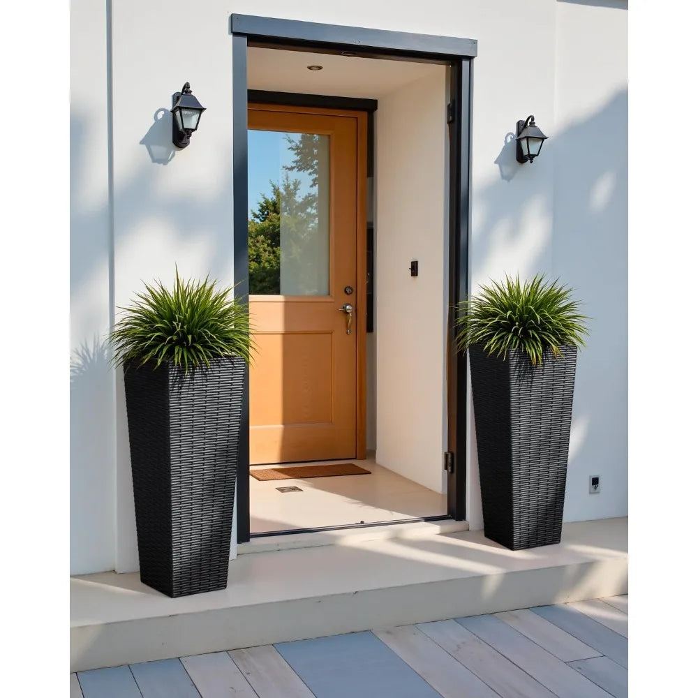 Free Delivery - 32 Inch Tall Plastic Planters with Rattan Texture – Set of 2, Detachable Inner Pot & Drainage Holes,