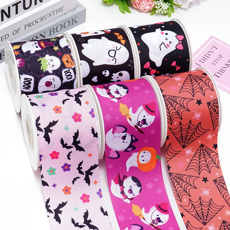 5 Yards Bat Spider Halloween Printed Grosgrain Satin Ribbons For Bows DIY Craft Decoration Packaging Supplies. 85110