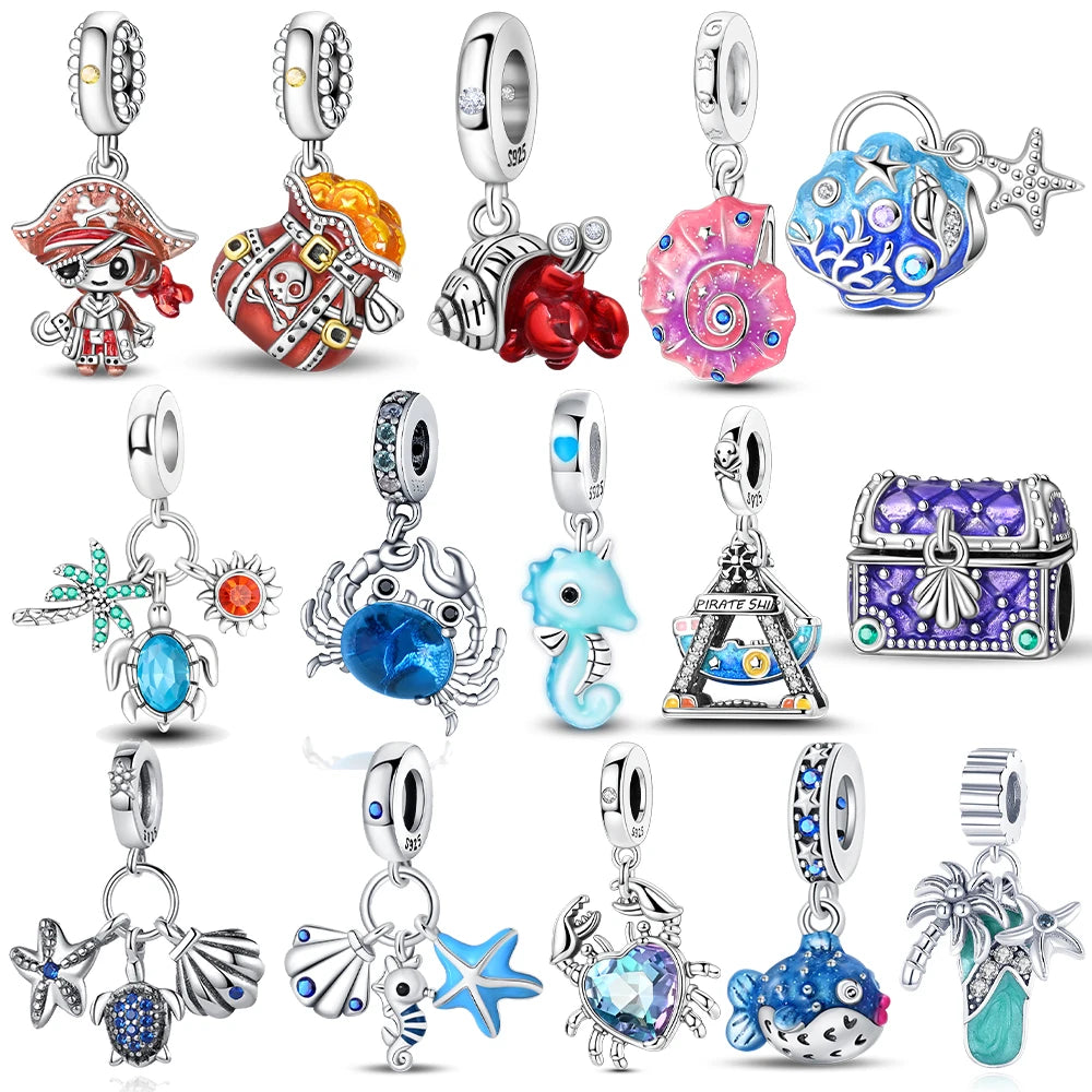 Original Treasure Box Marine Octopus Crab Pirate Charms 925 Silver Beads Fit Bracelet Women Accessories Jewelry Diy Gift Party