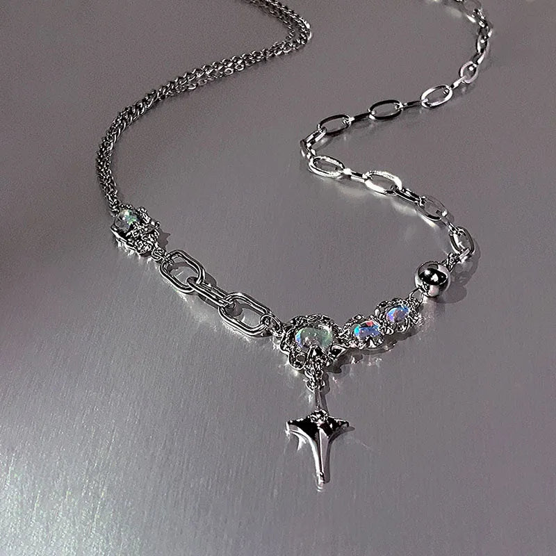 Silver Color Star Pendant Necklace Shiny Rhinestone Moonstone Clavicle Chain Necklace For Women Party Accesories Y2k Jewelry