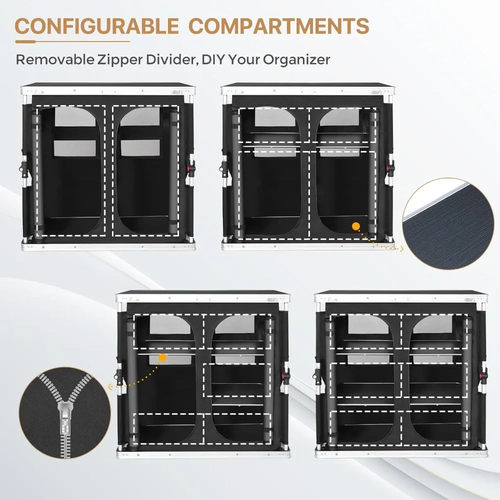 Double Outdoor Folding Camping Table with Large 3-Tier Storage Organizer and Side Pockets, Easy Set Up Portable Aluminum