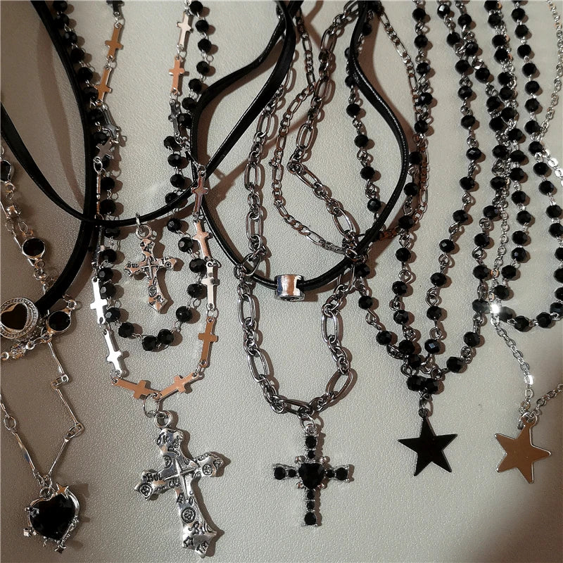 Punk Y2K Metal Cross Star Black Heart Pendant Multi Layer Bead Necklace For Women Men Vintage Gothic Charm Grunge Jewelry Gift