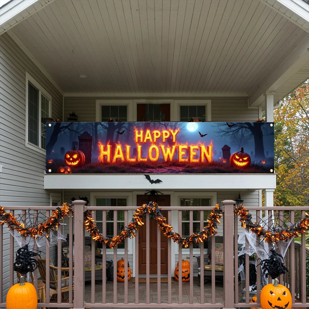 One Halloween-themed banner, featuring a creepy cemetery, bat and pumpkin lantern design