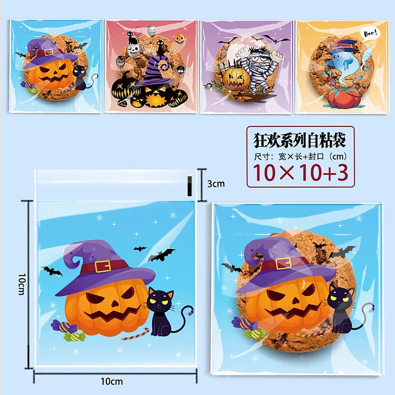 100pcs Happy Halloween Cookie Candy bread packaging bags self-adhesive plastic bags for biscuits snack baking package 10X10