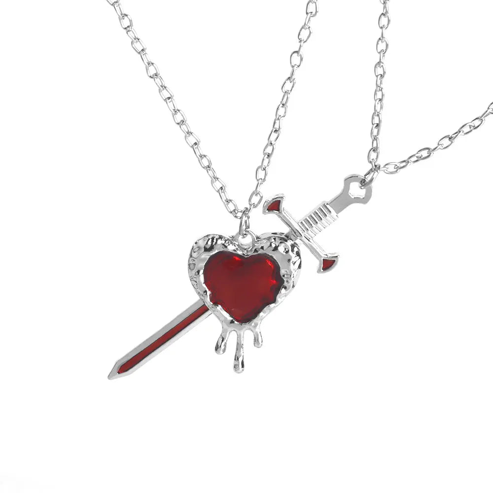 A Set Red Heart and Sword Couple Necklace Collarbone Chain Sword Necklace Fashion Accessories for Women Christmas Gift