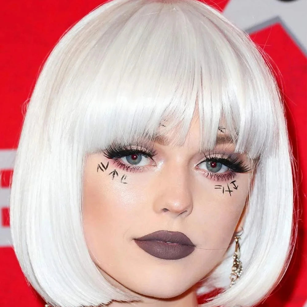 Synthetic Natural Black Short Bob Hair Wigs for Women With Bangs  Straight Cosplay Halloween Party Wig For Girls Daily Hair Wigs