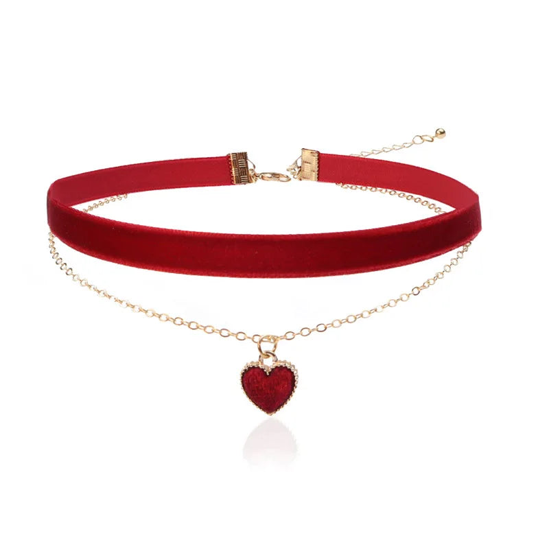 Choker for Girl Lady Women Bithday Gift Velvet Weaving Red Pink Black Lace Heart Pendant Necklaces Jewelry