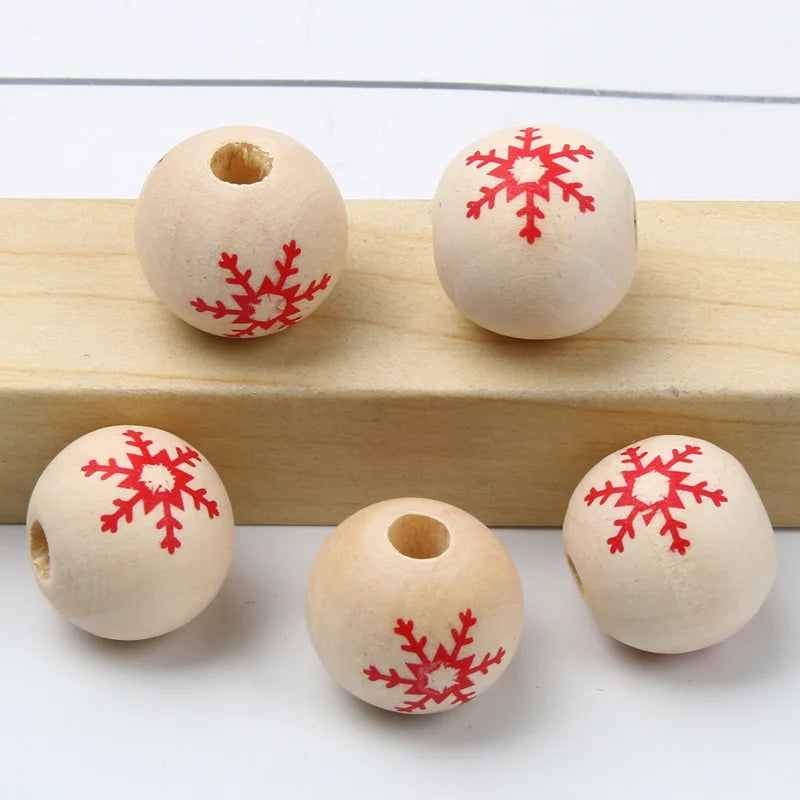Round Balls Red Green Wooden Beads 15mm Cartoon Tree Letter Pattern Halloween Christmas Beads For Jewelry Making DIY Accessories