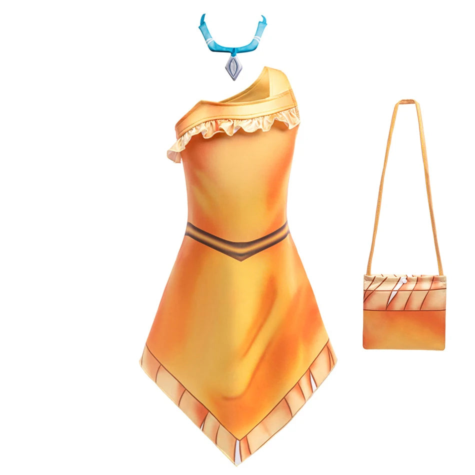 Girls Cosplay Princess Dress With Necklace Beach Indian Costume Kids Birthday Halloween Role Playing Matoaka Suspender Vestidos