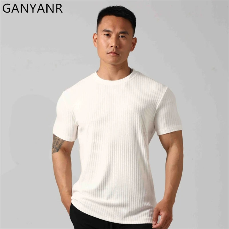 GANYANR Gym Clothing Men Running T-shirt Summer Golf Wear Active Fitness Short Sleeve Sports Bodybuilding Training Yoga Cool Tee
