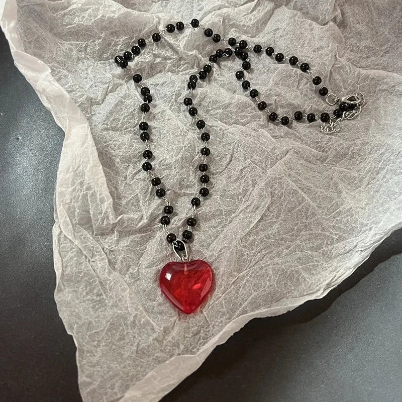 Y2k Love Heart Necklace for Women Fashion Hip Hop Red Hearts Pink Pendants Necklaces Rope Chain Girls Rave Gift Gothic Jewelry