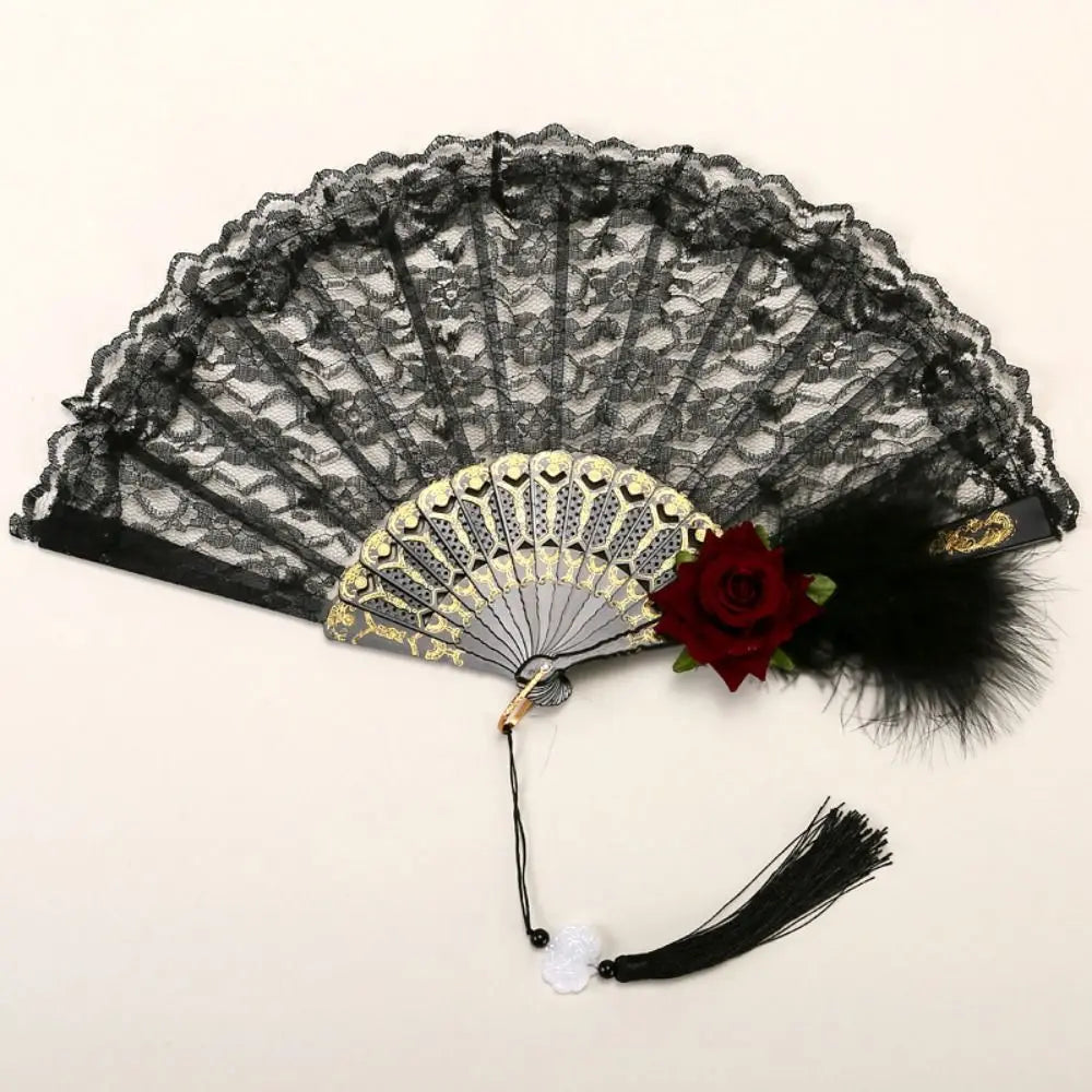 Gothic Court Lolita Lace Fan Dance Hand Fan Lace Rose Folding Fan Props for Photography