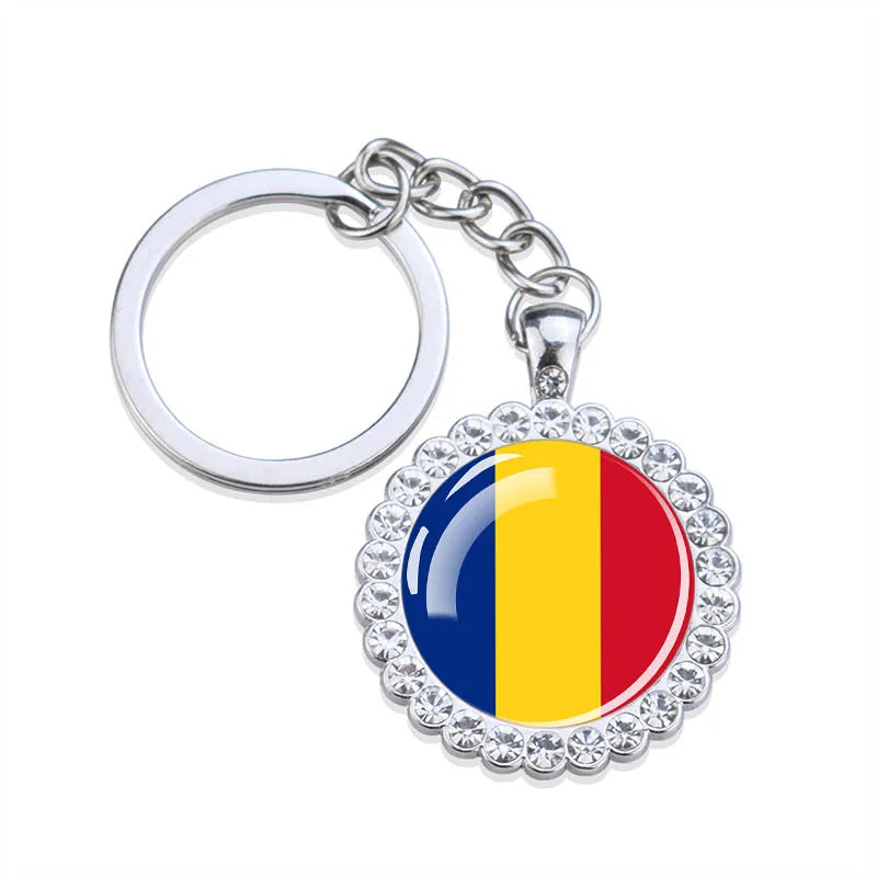 Europe National Flag Keychains Glass Dome Rhinestone Pendant Key Chains Albania Spain Ukraine Russia France Germany Flag Keyring