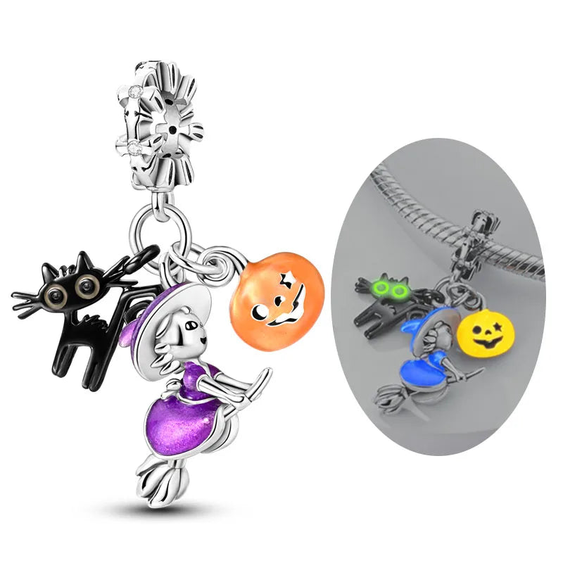 Original 925 Sterling Silver Halloween Charms Beads Pendant Pumpkin Witch Doll Skull Candy Charm Fit Bracelet DIY Jewelry Gift