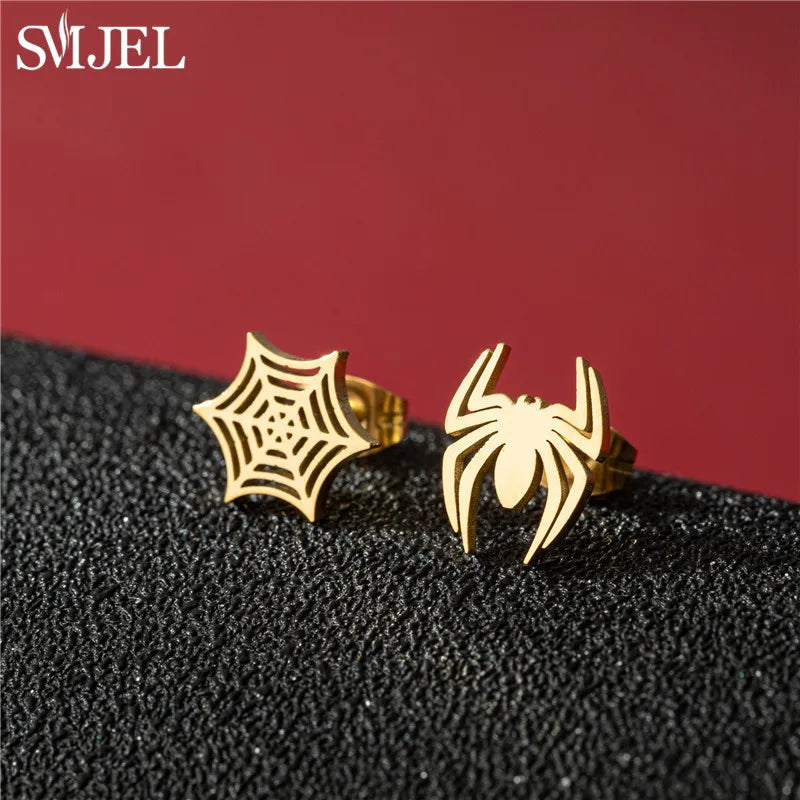 Punk Black Spider Stainless Steel Stud Earrings for Women Men Personality Spider Web Earings Halloween Piercing Jewelry 2024